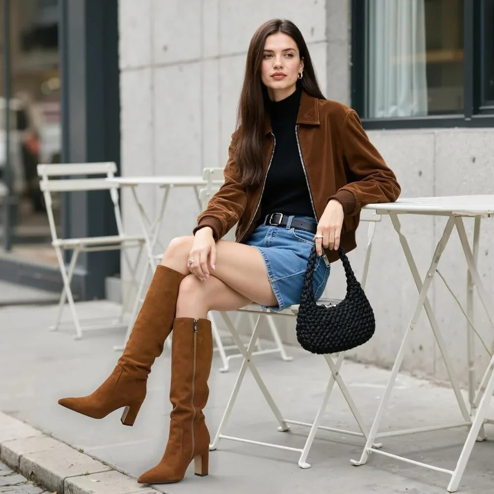 Women Brown Chunky Heel Pointed Toe Side Zipper Fall Dressy Comfortable Boots